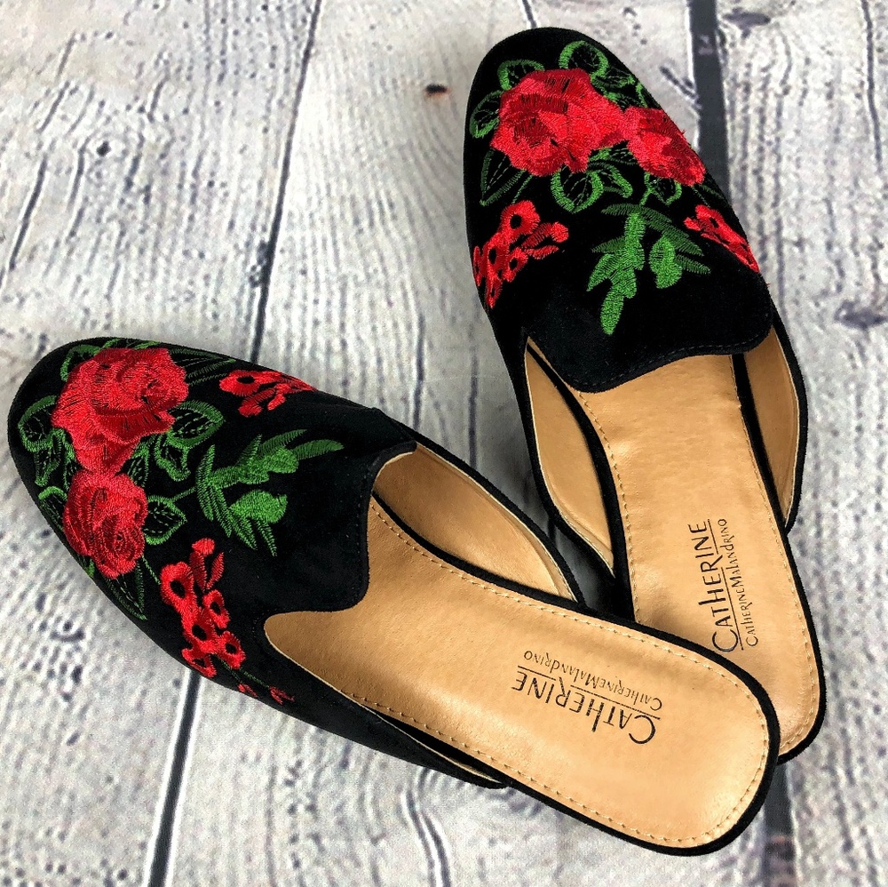 NEW Black Suede Flats With Rose Embroidery